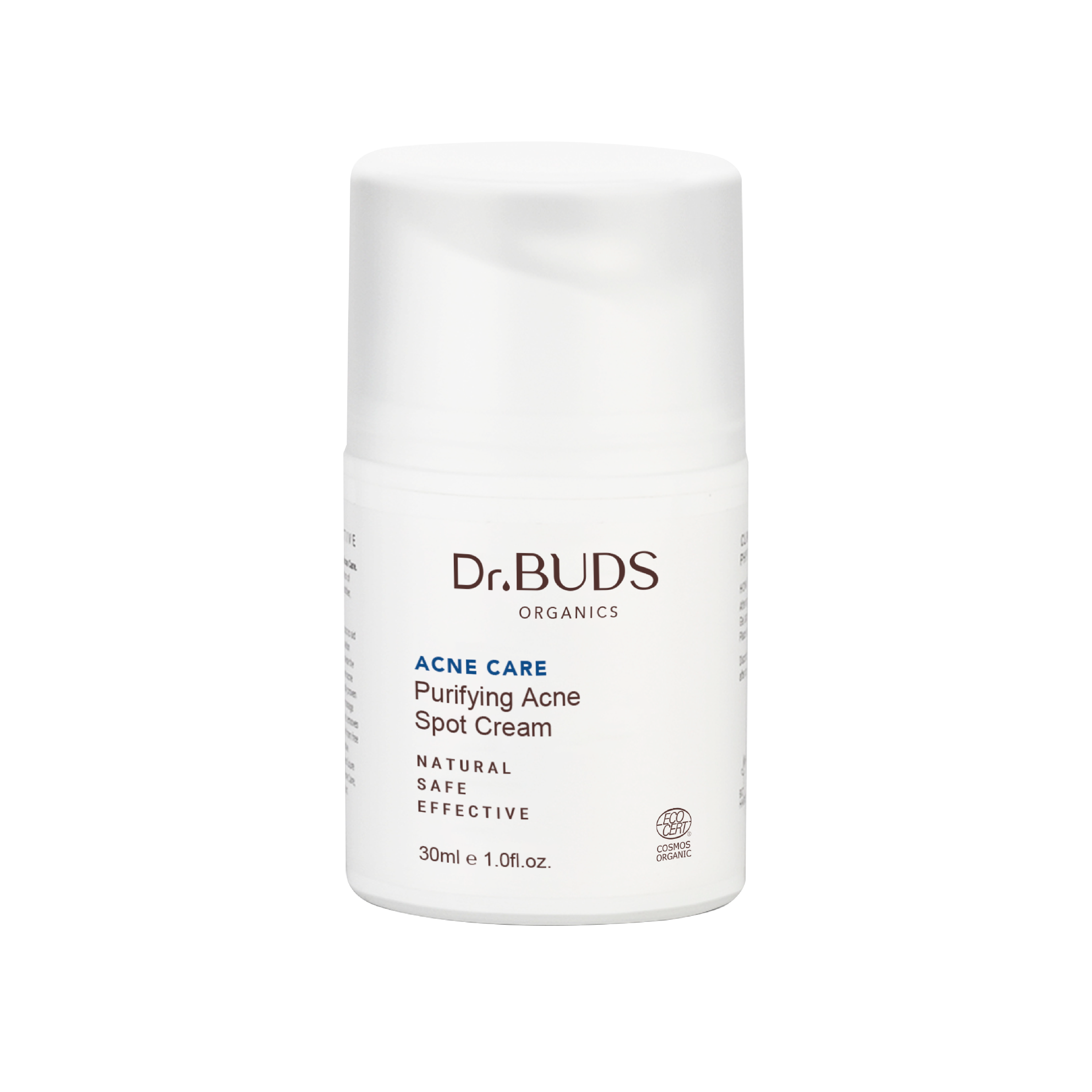 A white jar of Dr Buds Organics Acne Care Purifying Acne Spot Cream and designed for acne rescue.