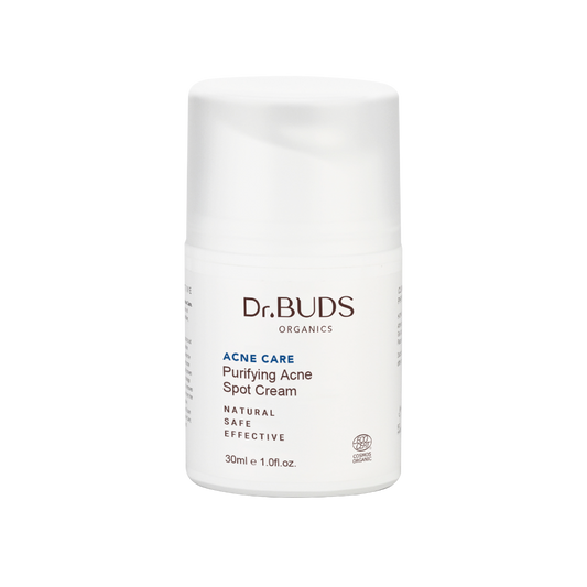 A white jar of Dr Buds Organics Acne Care Purifying Acne Spot Cream and designed for acne rescue.