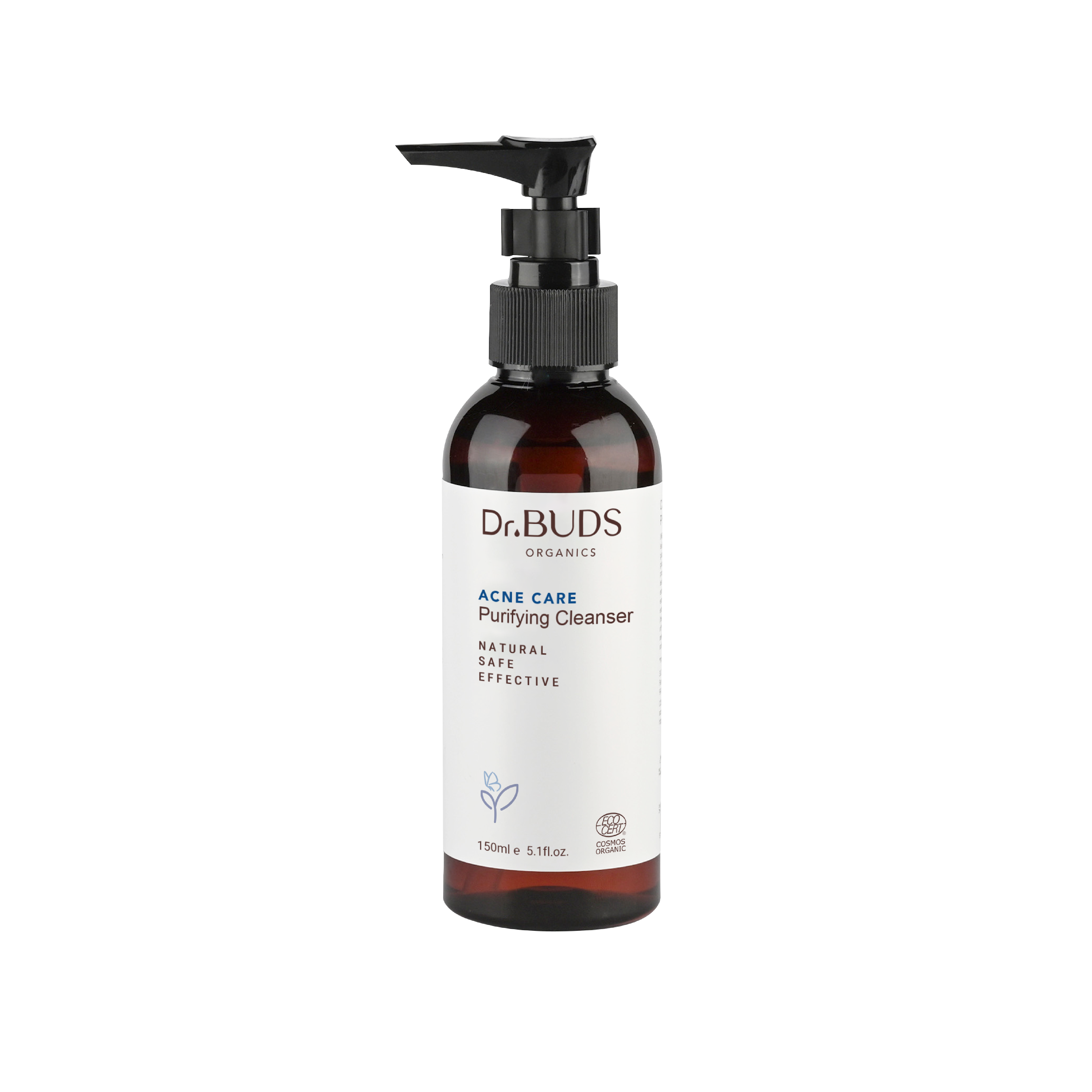 A pump bottle of Dr. Buds Acne Care Purifying Cleanser with a label indicating it's a natural product.