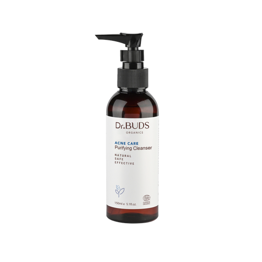 A pump bottle of Dr. Buds Acne Care Purifying Cleanser with a label indicating it's a natural product.