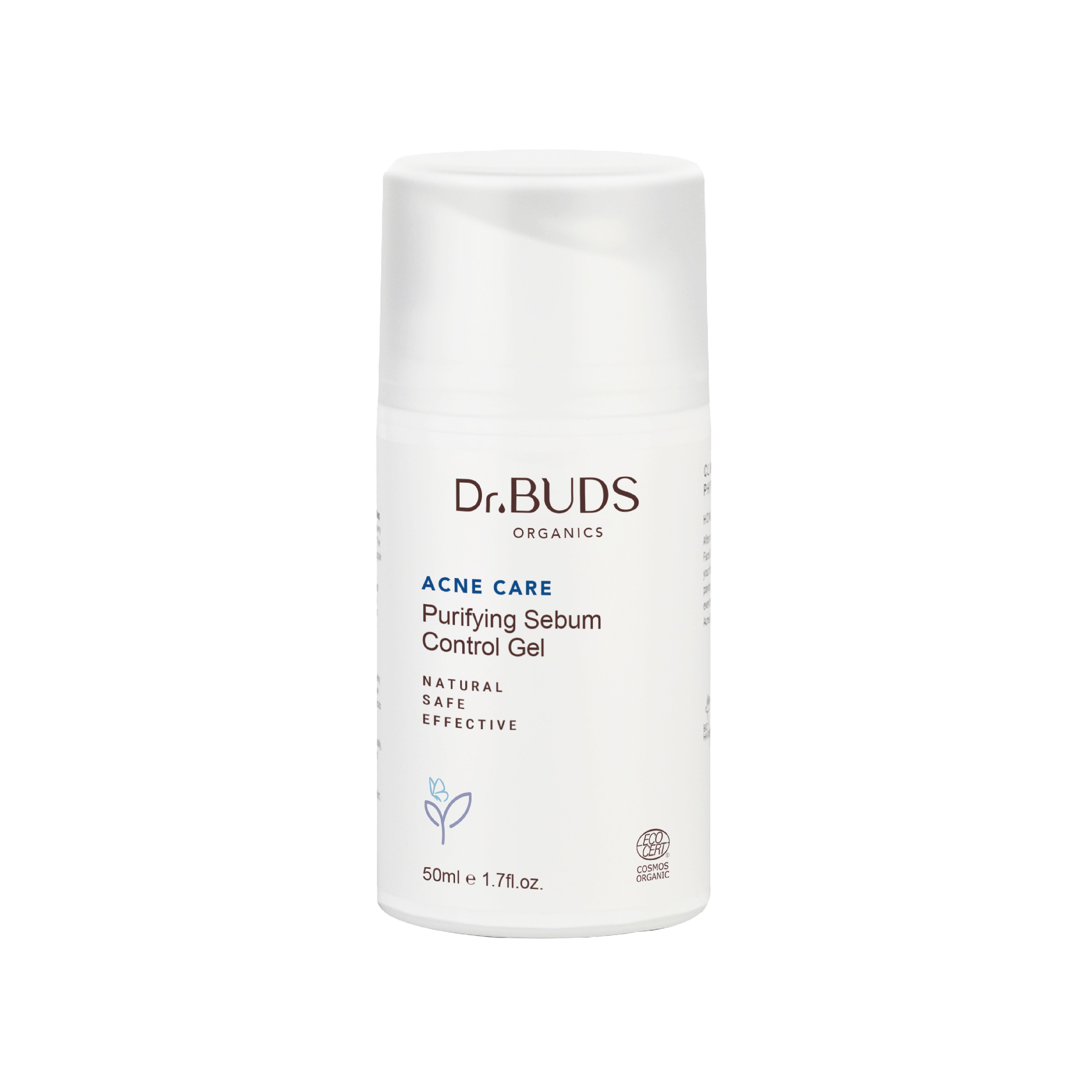 A white jar of Dr Buds Organics Acne Care Purifying Sebum Control Gel and designed for acne rescue.