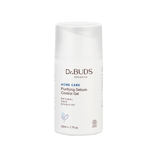 A white jar of Dr Buds Organics Acne Care Purifying Sebum Control Gel and designed for acne rescue.