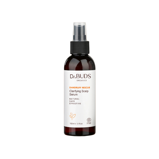 Bottle of Dandruff Rescue Clarifying Scalp Serum by D.Buds Grown in Malaysia with organic ingredients.