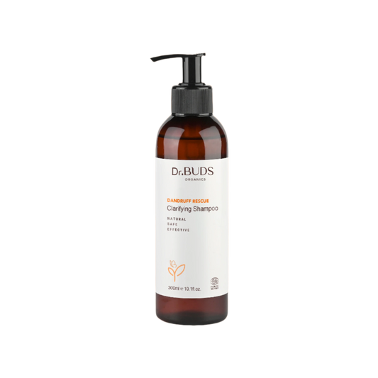 A bottle of Dr. Buds Dandruff Rescue Clarifying Shampoo with a pump dispenser, labeled for treating dandruff and itching, with 300 ml volume.