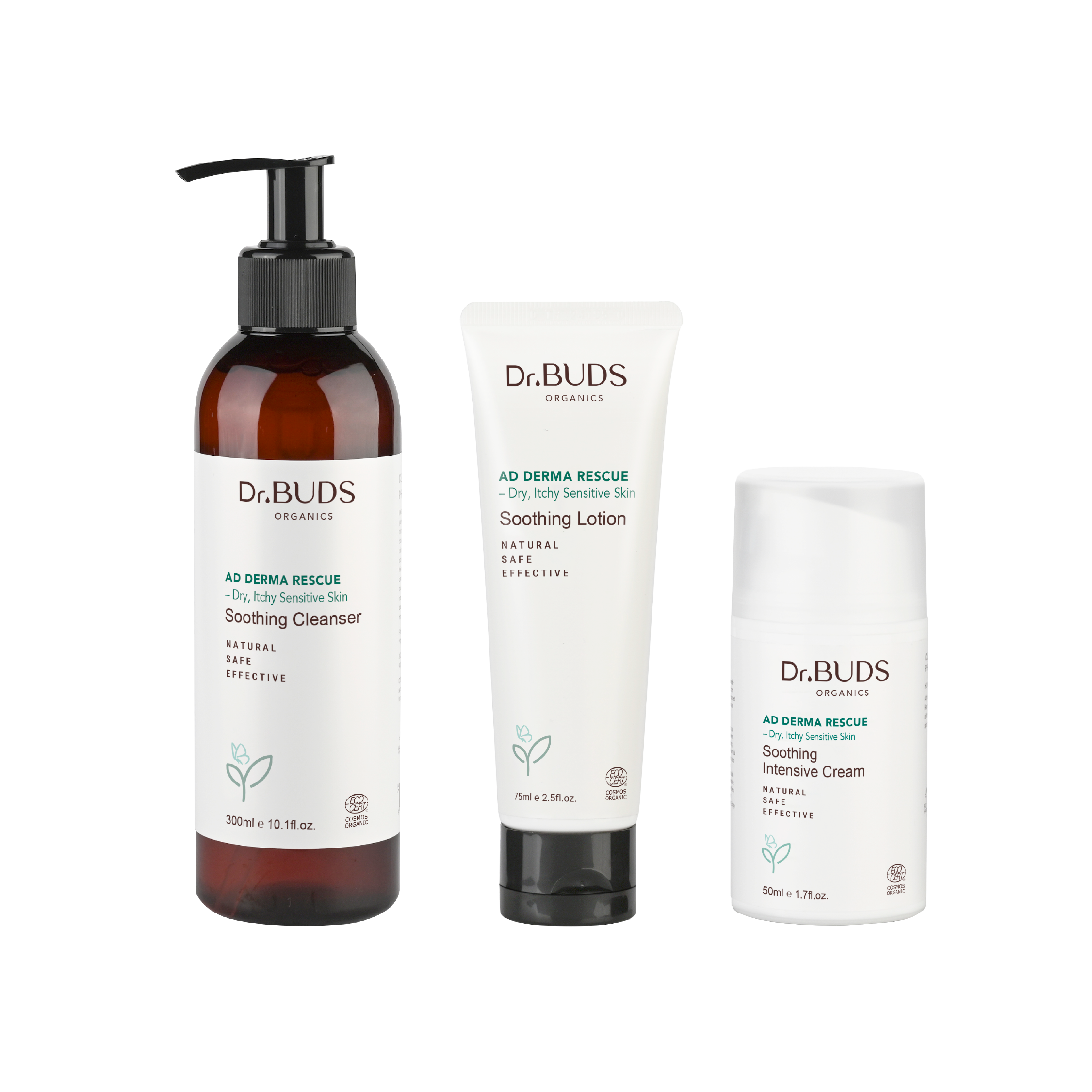 A set of Dr Buds Organics skin care products including soothing lotion, a  soothing cleanser, and moisturizing cream, labeled for eczema management.