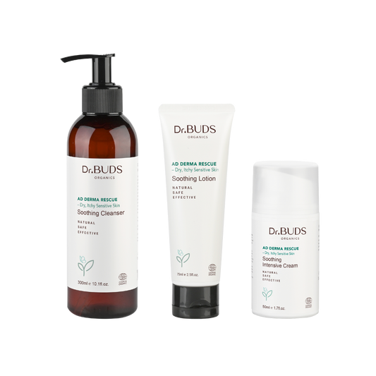 A set of Dr Buds Organics skin care products including soothing lotion, a  soothing cleanser, and moisturizing cream, labeled for eczema management.