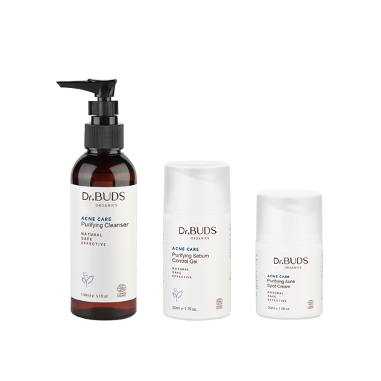 A set of Dr. Buds Organics acne care products including a face wash, spot treatment, and facial moisturizer.