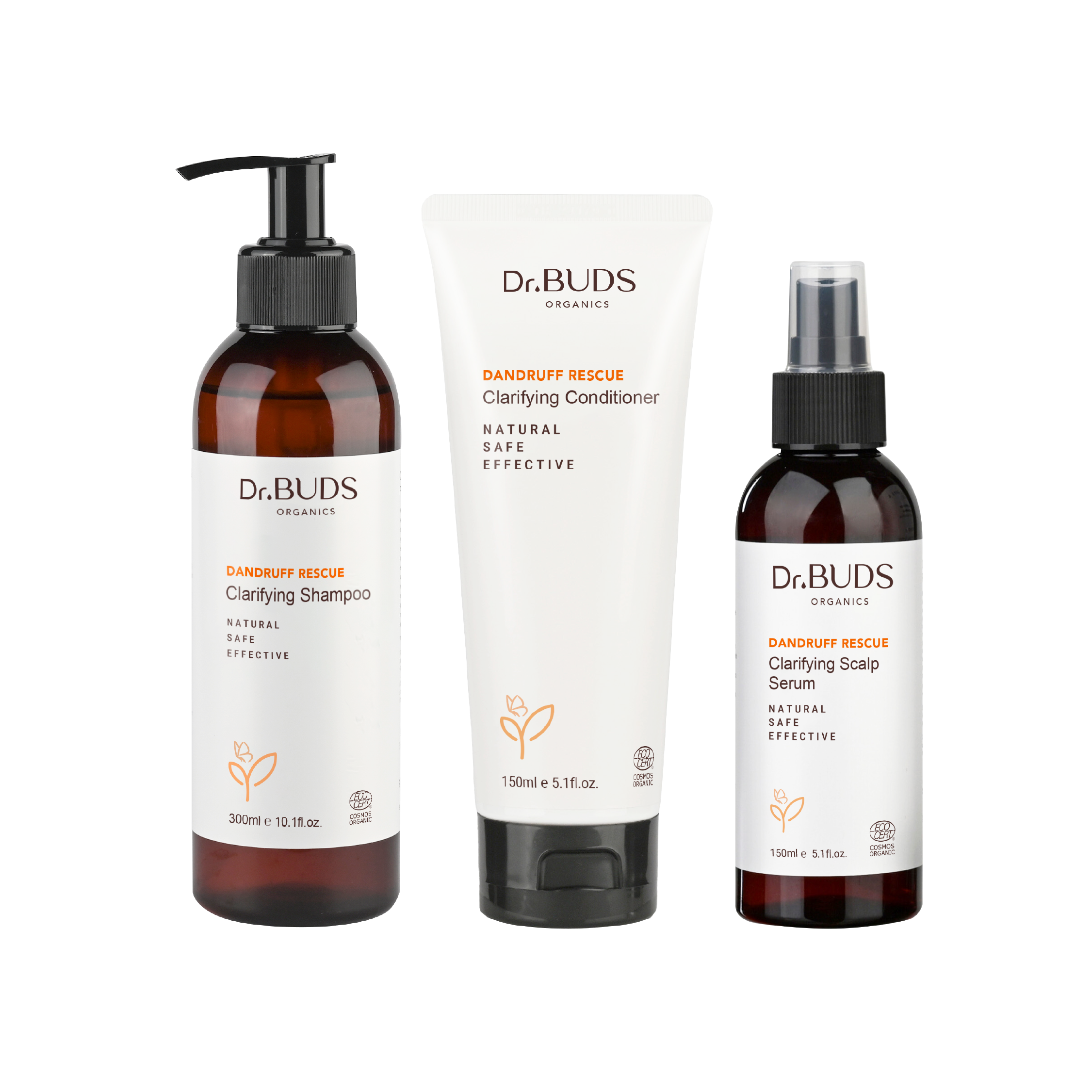 A set of Dr Buds Organics Hair care products including shampoo, conditioner, and scalp serum, labeled for dandruff management.