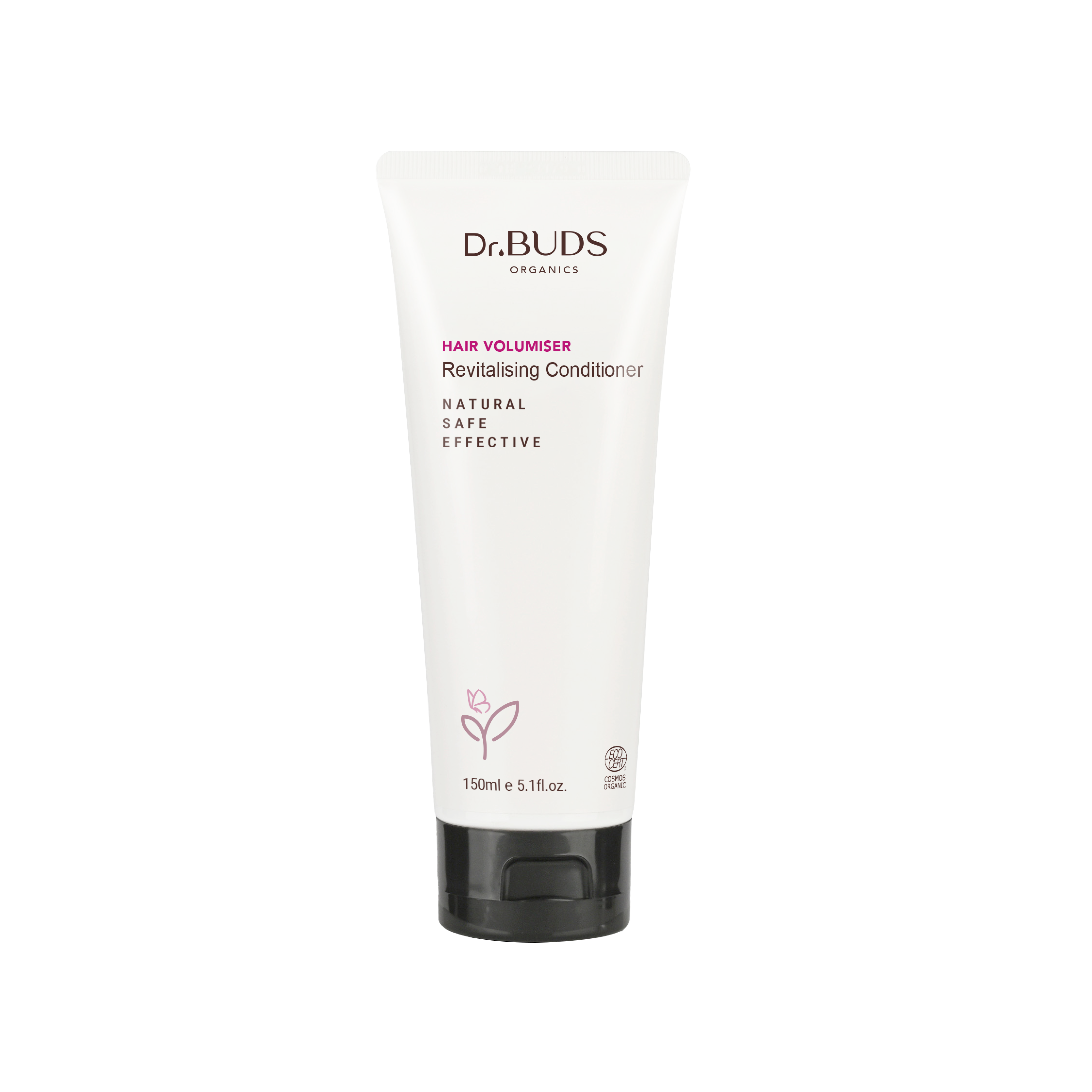 A tube of Dr. Buds Hair Volumiser Revitalising Conditioner, highlighting organic ingredients and safe for sensitive skin.