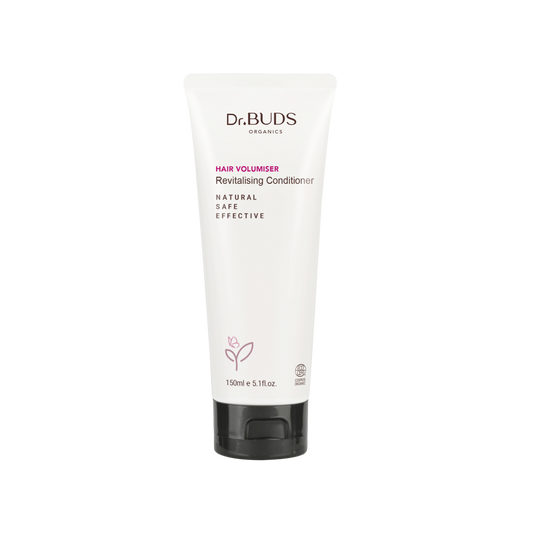 A tube of Dr. Buds Hair Volumiser Revitalising Conditioner, highlighting organic ingredients and safe for sensitive skin.