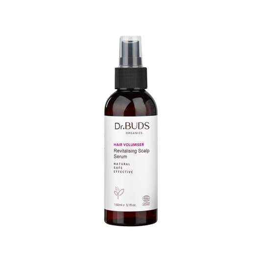 A spray bottle of DR.BUDS Organic Hair Volumiser Revitalising Scalp Serum with aloe vera and olive leaf extract.